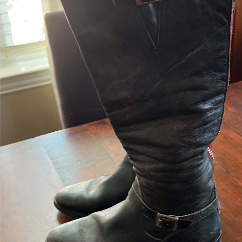 Golden Goose Black Leather Knee-High Riding Boots with Exposed Red Zipper - Picture 3 of 5